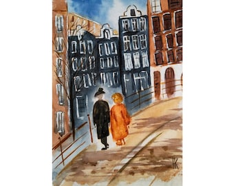 Amsterdam Original Watercolor Painting Couple Walking Cityscape Landscape Wall Art 8 x 12 inches