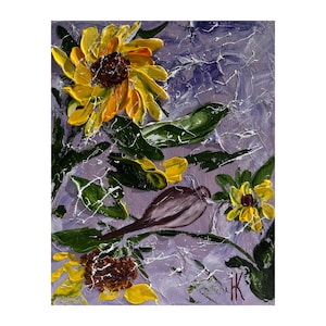 May include: An oil painting on canvas featuring bright yellow sunflowers with dark brown centers, deep green leaves, and a small dark purple bird silhouette against a textured lavender background with white paint splatters and the initials HK.