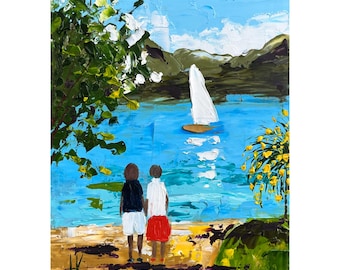 Italy Painting Couple Original Art Sailboat Lake Como Landscape Artwork 6 x 8 inches