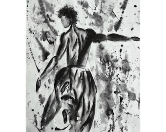 Man Dancer Original Watercolor Painting Male Body Wall Art 14 x 20 inches