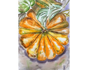 Pumpkin Original Watercolor Painting Small Vegetable Thanksgiving Wall Art 10 x 14 inches