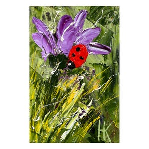 May include: An oil painting featuring a bright red ladybug with black spots resting on a vibrant purple flower. The background consists of thick, textured green and yellow brushstrokes representing grass, with white paint splatters throughout.