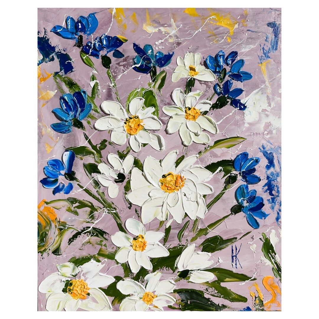 Daisy Painting Cornflowers Original Art Floral Oil Impasto Chamomile ...