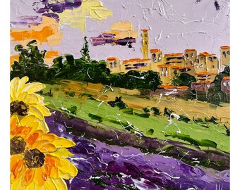 Provence Original Oil Impasto Painting Lavender Field French Countryside Sunflower Landscape 10 x 10"