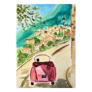 May include: A watercolor painting of a pink vintage car driving up a winding road towards a hillside town. The car has a driver in the seat and the town is painted in shades of yellow and brown.