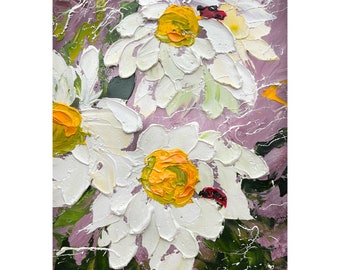 Daisy Original Oil Impasto Painting Small Chamomile Floral Wall Art 6 x 8 inches