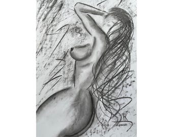 Woman Nude Original Painting Naked Woman Charcoal Black White Art 12 x 17 inches