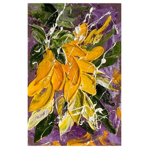 May include: An oil painting on canvas featuring thick, textured impasto brushstrokes of bright yellow sunflowers and deep green leaves against a vibrant purple background, accented with thin, splattered white paint lines across the surface.