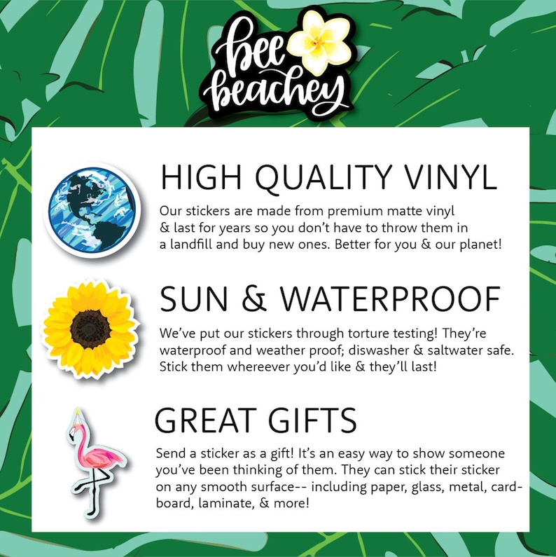 May include: A set of three colorful stickers featuring a globe, a sunflower, and a flamingo. The stickers are made from high quality vinyl and are waterproof and weatherproof. The text on the image reads "bee beachey", "HIGH QUALITY VINYL", "SUN & WATERPROOF", and "GREAT GIFTS".