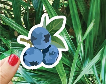 May include: A sticker depicting three blueberries, each with darker patches, attached to a green stem and leaf. The sticker is set against a backdrop of green foliage. A hand with red nail polish is visible in the lower left corner.