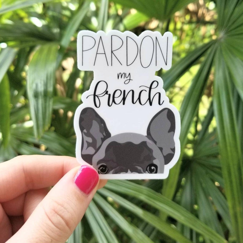K&ouml;nnte beinhalten: Ein wei&szlig;er Aufkleber mit dem Text "Pardon my french" in schwarzer, kursiv geschriebener Schrift. Das Gesicht eines schwarzen und grauen franz&ouml;sischen Bulldoggen schaut hinter dem Text hervor.
