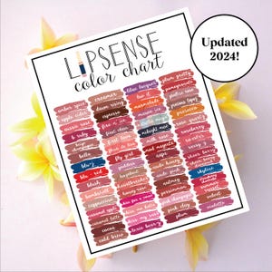 May include: A color chart of 50 different shades of lipstick, labeled with names like "Amber Spice", "Apple Cider", "Aussie Rose", and "Creamer". The chart is titled "LipSense Color Chart" and "Updated 2024!"