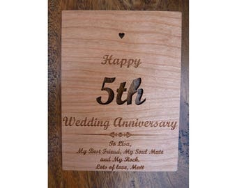 5th Wedding Anniversary Wooden Card - Personalised Wood Card, Anniversary Gift, Bespoke