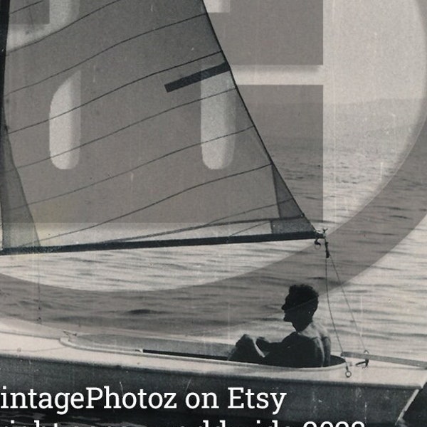 DIGITAL DOWNLOAD 600dpi JPG Vintage Sailing Photo, Nautical Ocean Photography, Black and White Boat Picture, Sea Voyage Man Sailboat Scan