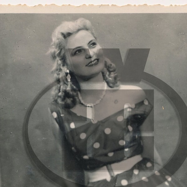 DIGITAL DOWNLOAD 600dpi JPG - Classic 1950s Woman in Polka Dot Dress - Vintage Elegance Portrait - Retro Fashion Beauty for Wall Decor & Art