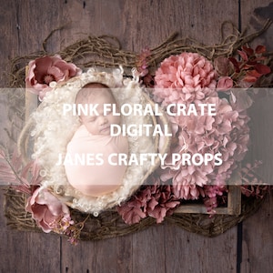 pink floral crate digital Backdrop with curls | Newborn digital background | baby digital background | Summer digital | composite | wooden