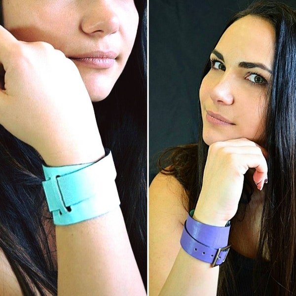 Reversible leather wristband cuff, Bright urban wrist cuff, Asymmetric leather wristband, Reversible leather cuff, Leather band gift for her