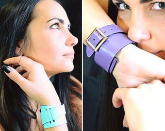 2 in 1 leather bracelet cuff, Cyan and lilac leather adjustable cuff, Casual wrap 2 in 1 bracelet, Leather women bracelet, Casual bracelet