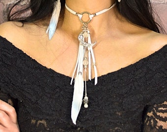 Real feather necklace and earrings set, Boho pendant choker necklace, White feather jewelry set, Long feather earrings, Ukrainian items