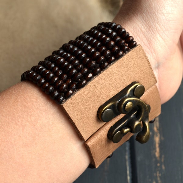 Wooden beads boho bracelet cuff, Urban hippie summer wrist cuff, Brown and beige statement bracelet, Bohemian cuff bracelet, Gift for her