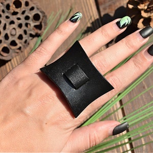 Oversized black leather ring, Large statement jewelry for women, Large black rings women, Made in Ukraine, Stand with Ukraine 11 - plain black