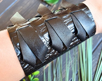 Leather cuff bracelet for women, Large black leather bracelet, Wide leather wrist cuff bracelet, Ukrainian items, Peace for Ukraine