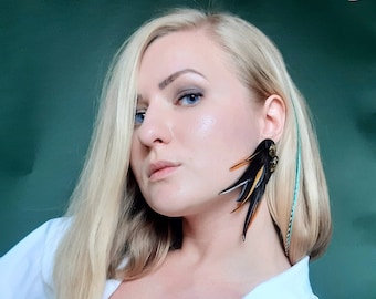 Statement mono earring, Avant garde large earring, Burning man statement accessories, Real feather black ear cuff, Ukrainian seller