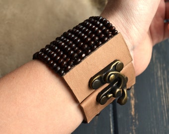 Wooden beads boho bracelet cuff, Urban hippie summer wrist cuff, Brown and beige statement bracelet, Bohemian cuff bracelet, Gift for her