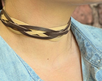 Multistrand leather choker necklace, Beige brown casual jewelry