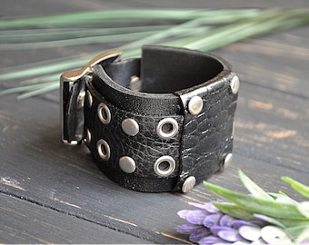 Unisex brutalist leather bracelet, Black leather cuff with silver rivets