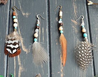 Set of 4 mismatched turquoise earrings, Mix match boho feathered earrings