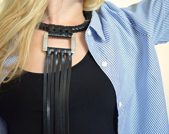 Big bold leather necklace, Black long tassel choker