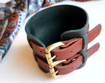 Wide leather wrist cuff, Thick bracelet for man or woman