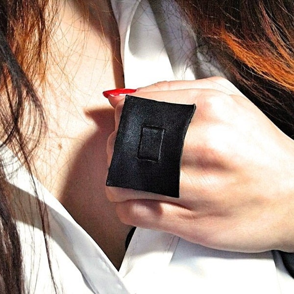 Statement black leather ring, Extravagant oversized ring, Bold large women jewelry