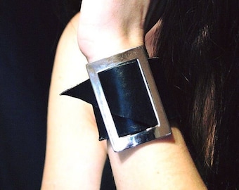 Leather wrist cuff for women, Statement wide bracelet, Black wide leather bracer, Men's bracelet cuff leather