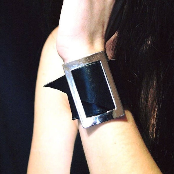 Leather wrist cuff for women, Statement wide bracelet, Black wide leather bracer, Men's bracelet cuff leather