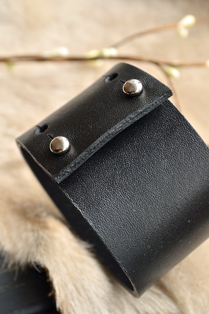 Black biker mens wrist cuff Personalized leather bracelet Etsy