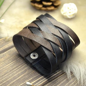 Steampunk costume bracelet cuff, Thick leather wrist cuff, Christmas leather jewelry, Extravagant wrap bracelet, Best friend jewelry gift 11 - plain black