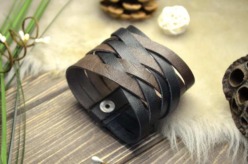 Steampunk costume bracelet cuff, Thick leather wrist cuff, Christmas leather jewelry, Extravagant wrap bracelet, Best friend jewelry gift 11 - plain black