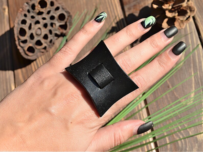 Large Ring Women Oversized Statement Ring Black Leather Ring Etsy