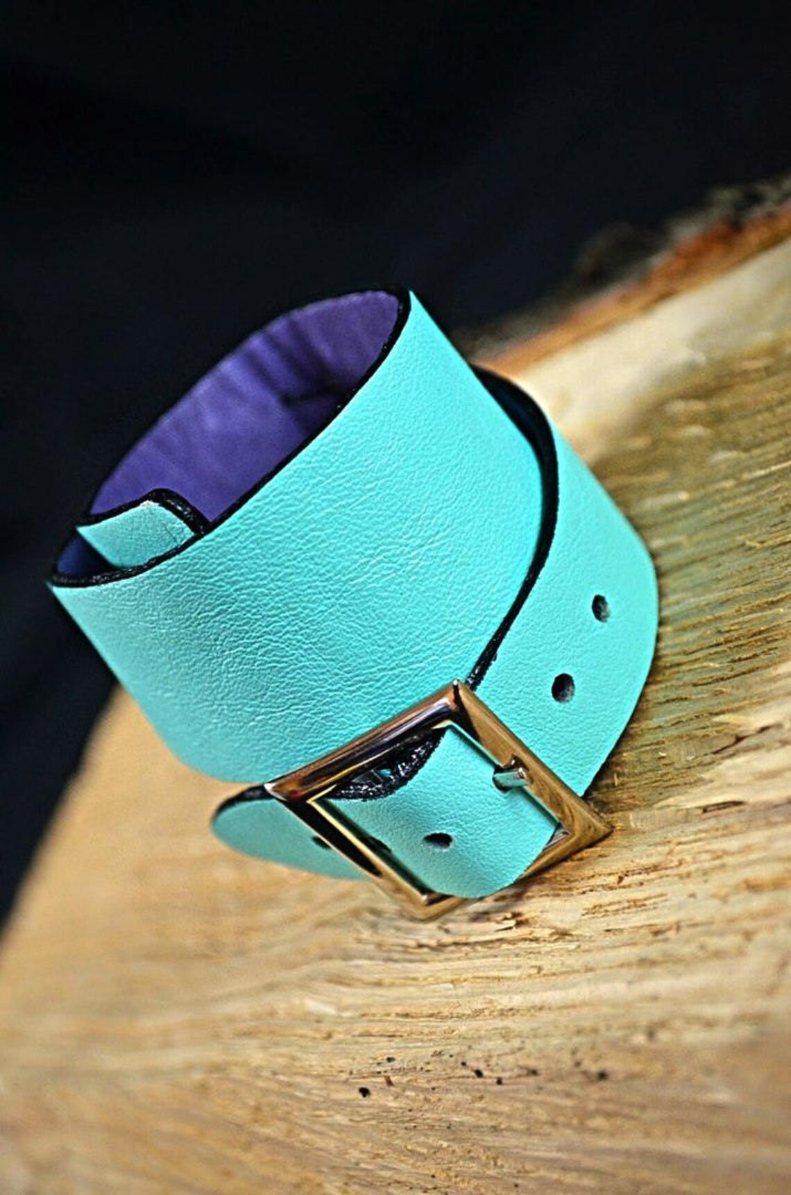 2 in 1 Leather Bracelet Cuff Cyan and Lilac Leather Etsy