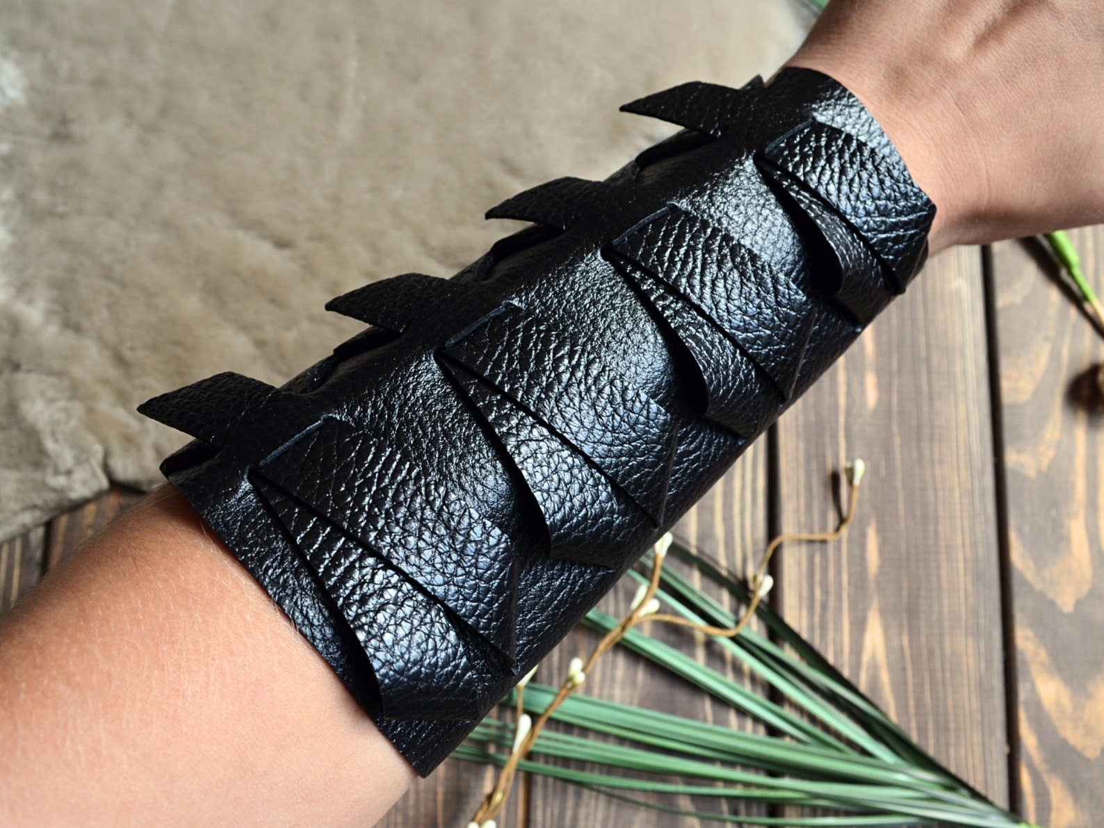 Wide Leather Wrist Guard, Leather Arm Bracelet, Black Leather Women