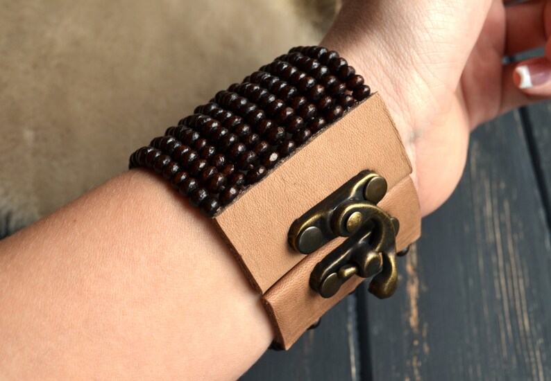 Wooden beads boho bracelet cuff, Urban hippie summer wrist cuff, Brown and beige statement bracelet, Bohemian cuff bracelet, Gift for her image 1