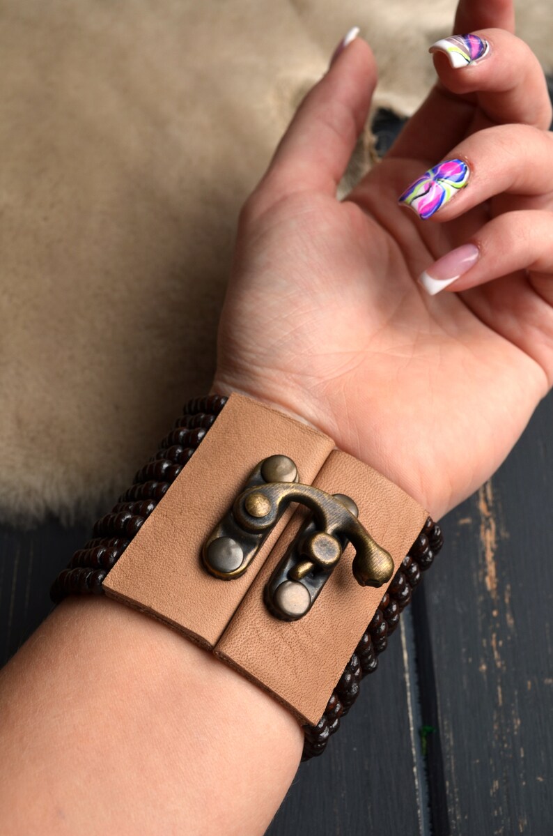 Wooden beads boho bracelet cuff, Urban hippie summer wrist cuff, Brown and beige statement bracelet, Bohemian cuff bracelet, Gift for her image 3