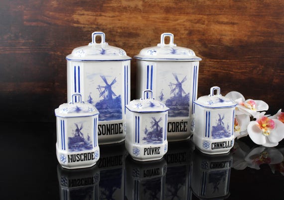 5 Antike Vorratsdosen Behälter Shabby Vintage Blau Cottage Dosen Keramik Porzellan Landhaus Cottage Art Deco