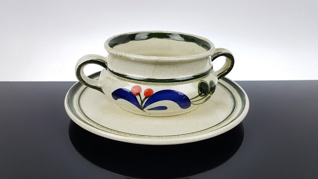 Vintage Soup Cups With Ceramic Saucer Original 70s Red Ceramic Mug