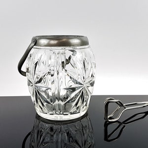 Vintage Glass Ice Bucket with Ice Tongs Vintage Cooler Bar Accessories Ice Bucket Mid Century