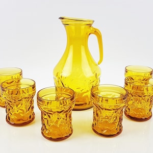 Vintage water - juice set jug and 6 glasses amber 70&#39;s colorful glasses