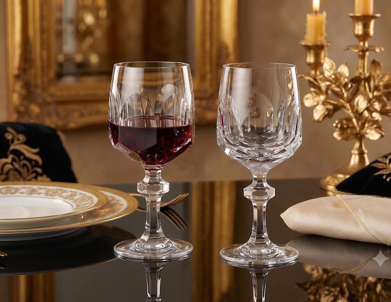 May include: Two clear crystal wine glasses with a faceted geometric pattern on the bowl and a multi-faceted stem. One glass is filled with red wine, while the other is empty. The glasses feature a wide base and a distinct, angular design.
