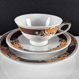 Vintage kaffekopp/kaffeservis i porslin, Lettin orangebrun, 1970-tal